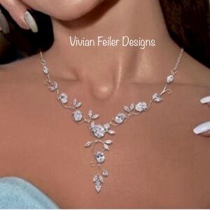 Bridal Necklace Earrings SET Floral VINE OVAL Leaf Wedding Jewelry Set Silver